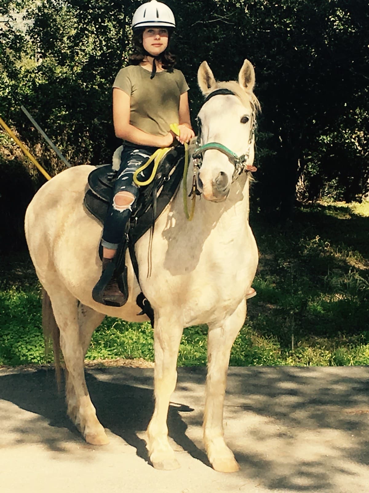 A rider in a helmet sitting on a white horse in dappled shade