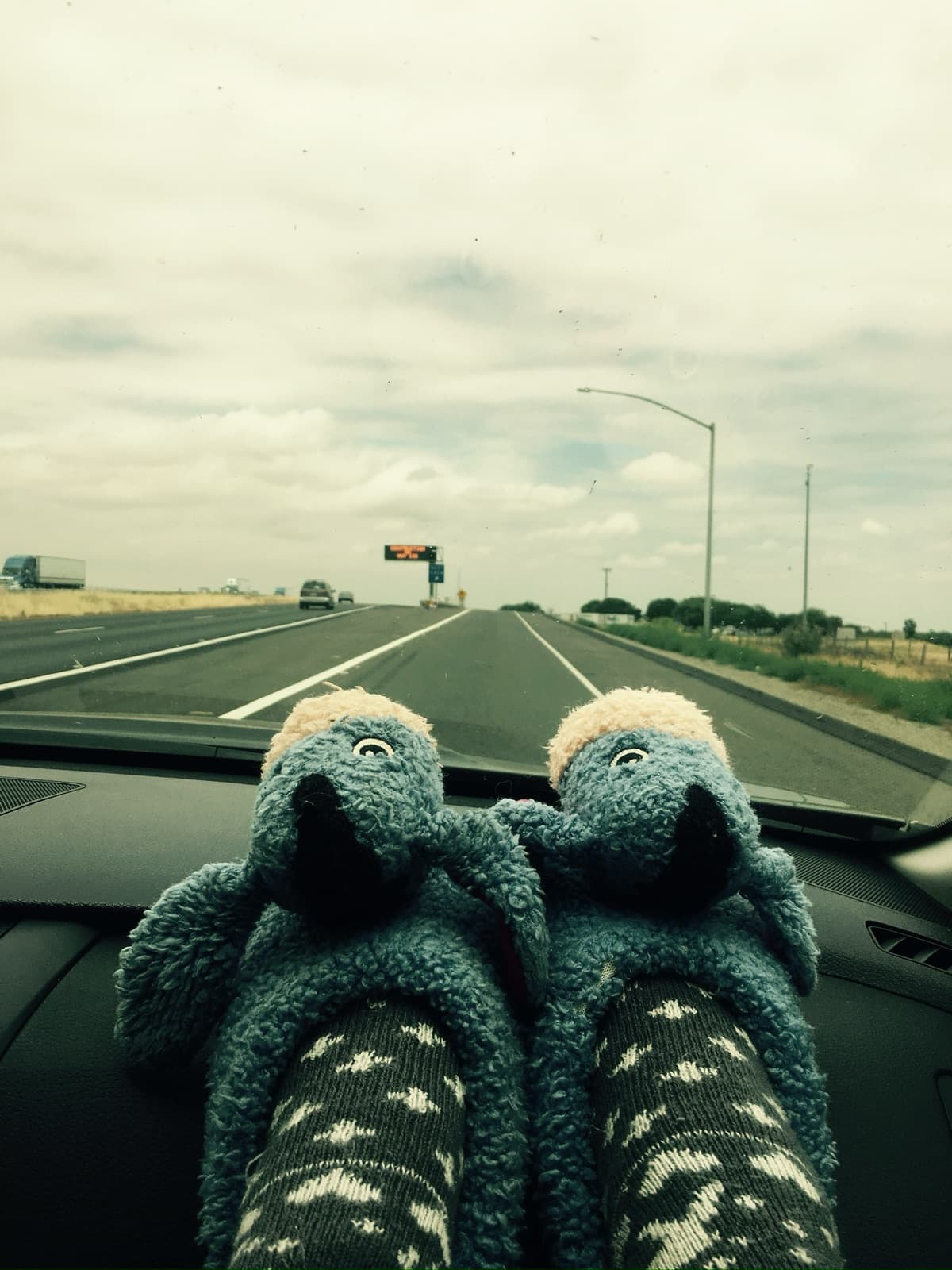 Feet in blue plush slippers on a car dashboard, a highway and a traffic light ahead